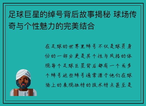 足球巨星的绰号背后故事揭秘 球场传奇与个性魅力的完美结合